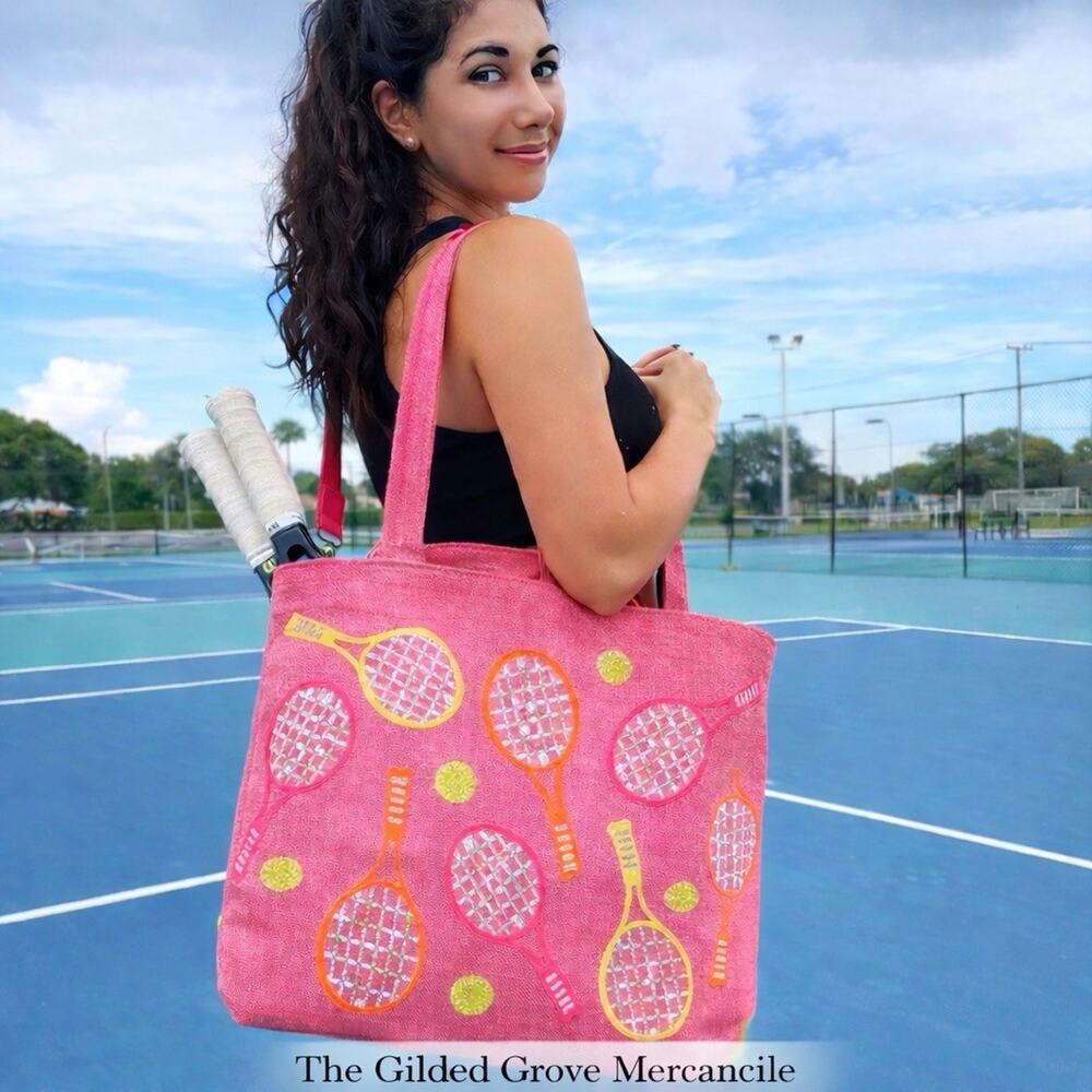 Mud Pie Pink Sequin Tennis Racket Jute Tote Bag Pickleball Beach Bag NWT